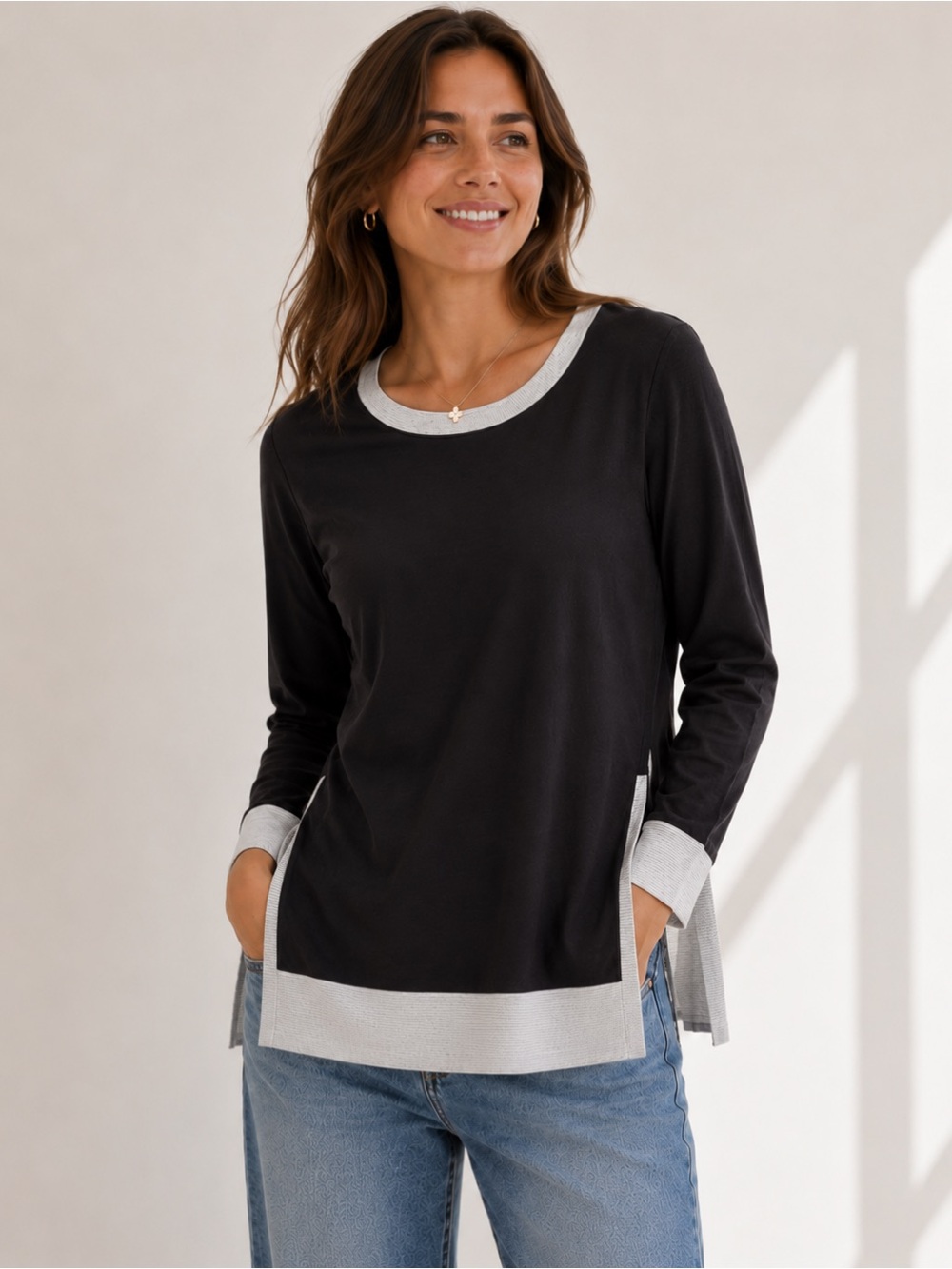 Cyrus Women’s Size 1X Brown & Tan Colorblock Tunic Top Long Sleeve NWT